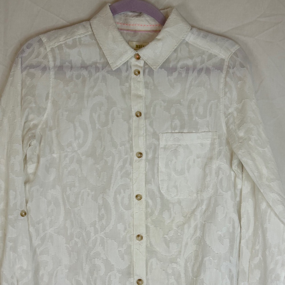 Maeve Anthropologie Womens Button Down Shirt Size 8 White Floral Long Sleeve - Picture 2 of 14